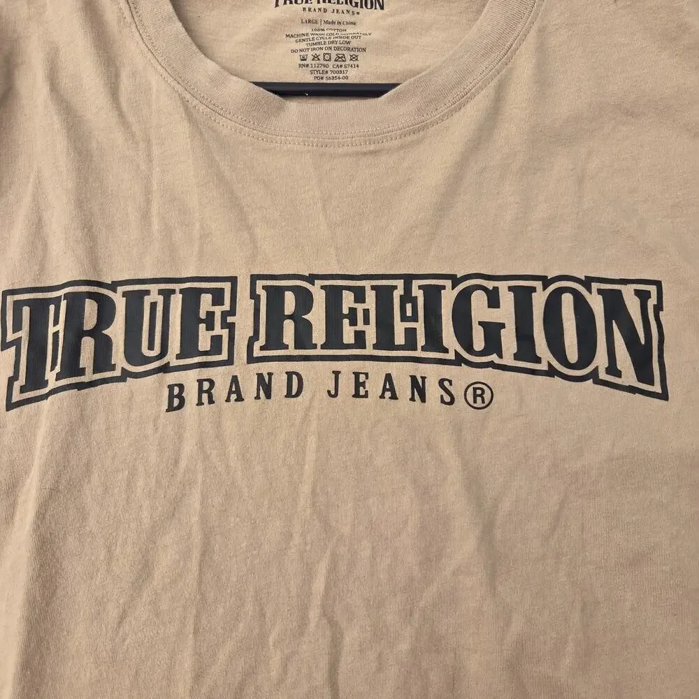 True Religion Men's L Beige Cotton Logo Graphic Crew Neck Short Sleeve Tee